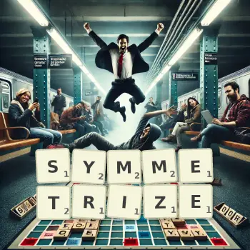 Creative illustration for a Scrabble game with the word SYMMETRIZE spelled out in tiles on the board.