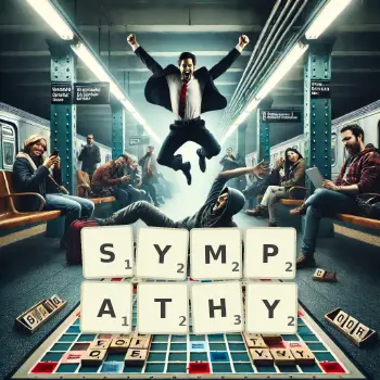 Creative illustration for a Scrabble game with the word SYMPATHY spelled out in tiles on the board.