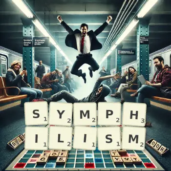 Creative illustration for a Scrabble game with the word SYMPHILISM spelled out in tiles on the board.