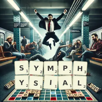 Creative illustration for a Scrabble game with the word SYMPHYSIAL spelled out in tiles on the board.
