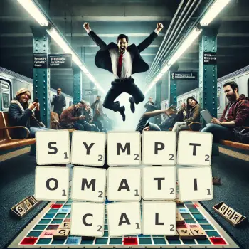 Creative illustration for a Scrabble game with the word SYMPTOMATICAL spelled out in tiles on the board.