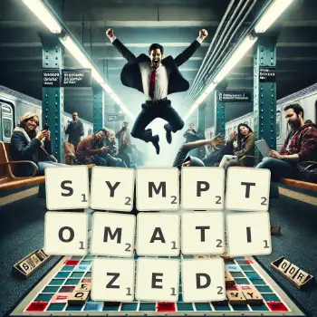 Creative illustration for a Scrabble game with the word SYMPTOMATIZED spelled out in tiles on the board.