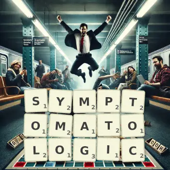 Creative illustration for a Scrabble game with the word SYMPTOMATOLOGIC spelled out in tiles on the board.