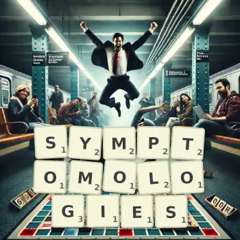 Creative illustration for a Scrabble game with the word SYMPTOMOLOGIES spelled out in tiles on the board.