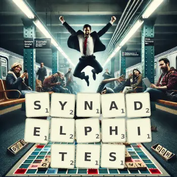Creative illustration for a Scrabble game with the word SYNADELPHITES spelled out in tiles on the board.