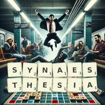 Creative illustration for a Scrabble game with the word SYNAESTHESIA spelled out in tiles on the board.