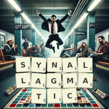 Creative illustration for a Scrabble game with the word SYNALLAGMATIC spelled out in tiles on the board.
