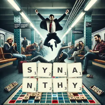 Creative illustration for a Scrabble game with the word SYNANTHY spelled out in tiles on the board.