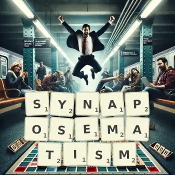 Creative illustration for a Scrabble game with the word SYNAPOSEMATISM spelled out in tiles on the board.