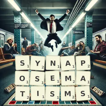 Creative illustration for a Scrabble game with the word SYNAPOSEMATISMS spelled out in tiles on the board.
