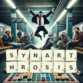 Creative illustration for a Scrabble game with the word SYNARTHROSIS spelled out in tiles on the board.