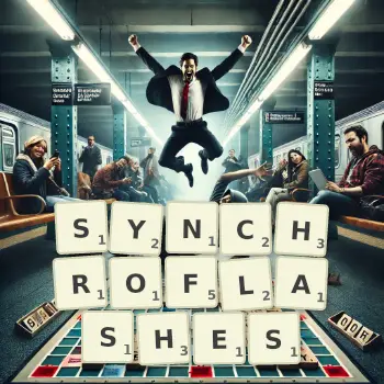 Creative illustration for a Scrabble game with the word SYNCHROFLASHES spelled out in tiles on the board.