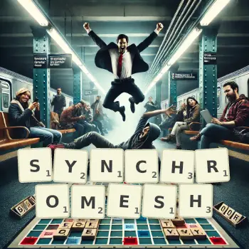 Creative illustration for a Scrabble game with the word SYNCHROMESH spelled out in tiles on the board.