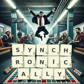 Creative illustration for a Scrabble game with the word SYNCHRONICALLY spelled out in tiles on the board.