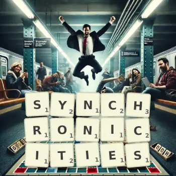 Creative illustration for a Scrabble game with the word SYNCHRONICITIES spelled out in tiles on the board.