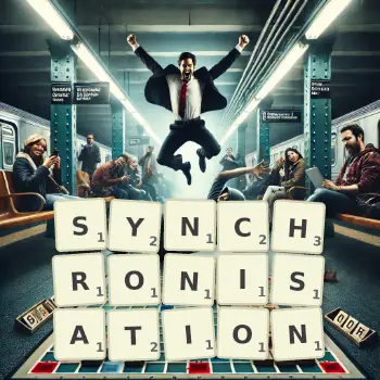 Creative illustration for a Scrabble game with the word SYNCHRONISATION spelled out in tiles on the board.