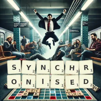 Creative illustration for a Scrabble game with the word SYNCHRONISED spelled out in tiles on the board.