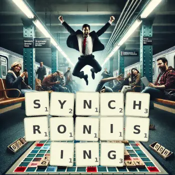 Creative illustration for a Scrabble game with the word SYNCHRONISING spelled out in tiles on the board.