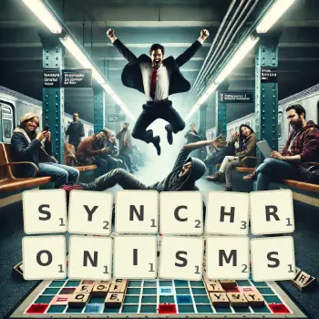 Creative illustration for a Scrabble game with the word SYNCHRONISMS spelled out in tiles on the board.