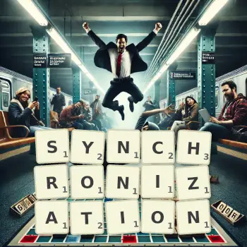 Creative illustration for a Scrabble game with the word SYNCHRONIZATION spelled out in tiles on the board.