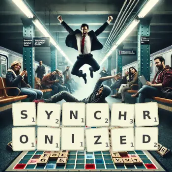Creative illustration for a Scrabble game with the word SYNCHRONIZED spelled out in tiles on the board.