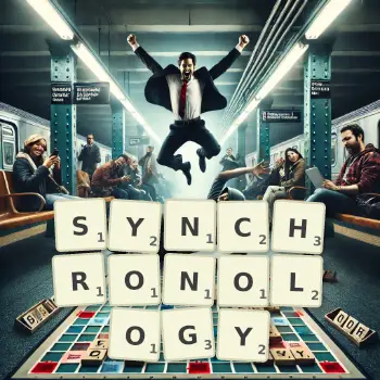 Creative illustration for a Scrabble game with the word SYNCHRONOLOGY spelled out in tiles on the board.