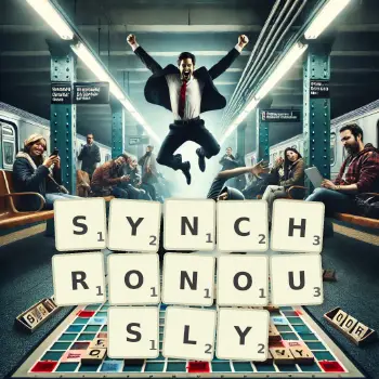 Creative illustration for a Scrabble game with the word SYNCHRONOUSLY spelled out in tiles on the board.