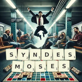 Creative illustration for a Scrabble game with the word SYNDESMOSES spelled out in tiles on the board.
