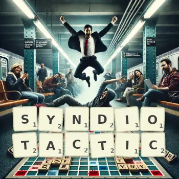 Creative illustration for a Scrabble game with the word SYNDIOTACTIC spelled out in tiles on the board.