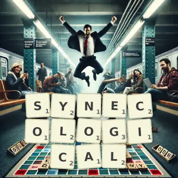 Creative illustration for a Scrabble game with the word SYNECOLOGICAL spelled out in tiles on the board.