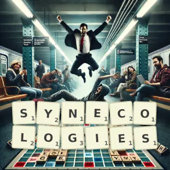 Creative illustration for a Scrabble game with the word SYNECOLOGIES spelled out in tiles on the board.