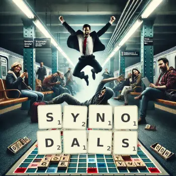 Creative illustration for a Scrabble game with the word SYNODALS spelled out in tiles on the board.