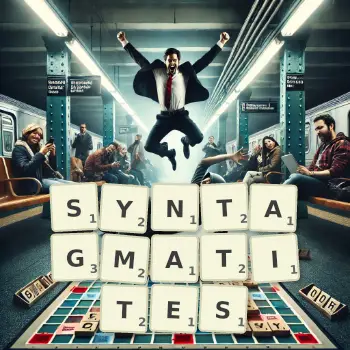 Creative illustration for a Scrabble game with the word SYNTAGMATITES spelled out in tiles on the board.