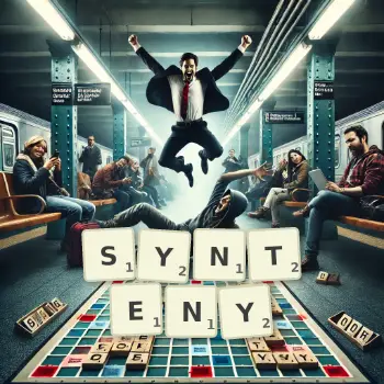 Creative illustration for a Scrabble game with the word SYNTENY spelled out in tiles on the board.