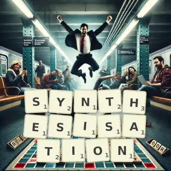 Creative illustration for a Scrabble game with the word SYNTHESISATION spelled out in tiles on the board.