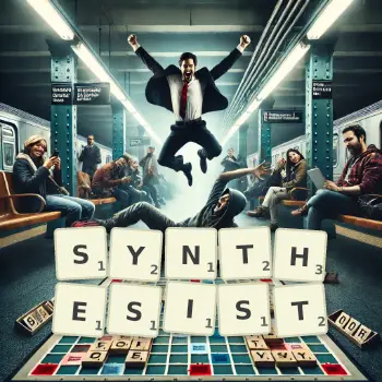 Creative illustration for a Scrabble game with the word SYNTHESIST spelled out in tiles on the board.