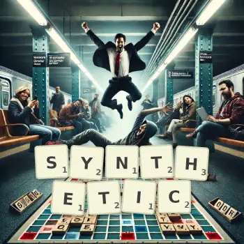 Creative illustration for a Scrabble game with the word SYNTHETIC spelled out in tiles on the board.