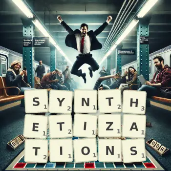 Creative illustration for a Scrabble game with the word SYNTHETIZATIONS spelled out in tiles on the board.