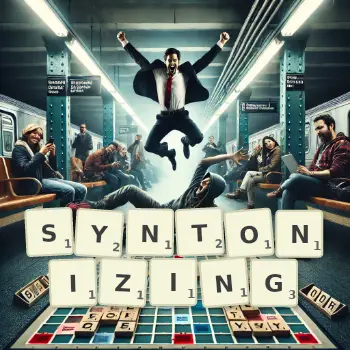 Creative illustration for a Scrabble game with the word SYNTONIZING spelled out in tiles on the board.