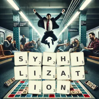 Creative illustration for a Scrabble game with the word SYPHILIZATION spelled out in tiles on the board.