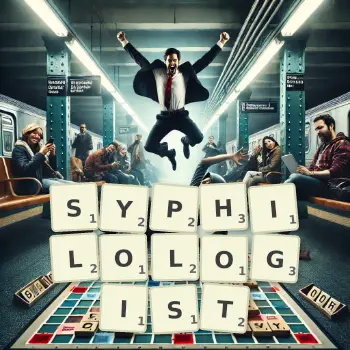 Creative illustration for a Scrabble game with the word SYPHILOLOGIST spelled out in tiles on the board.