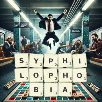 Creative illustration for a Scrabble game with the word SYPHILOPHOBIA spelled out in tiles on the board.