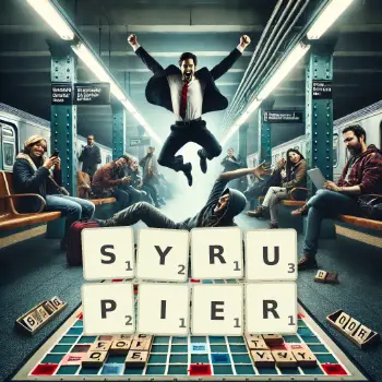 Creative illustration for a Scrabble game with the word SYRUPIER spelled out in tiles on the board.