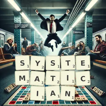 Creative illustration for a Scrabble game with the word SYSTEMATICIAN spelled out in tiles on the board.