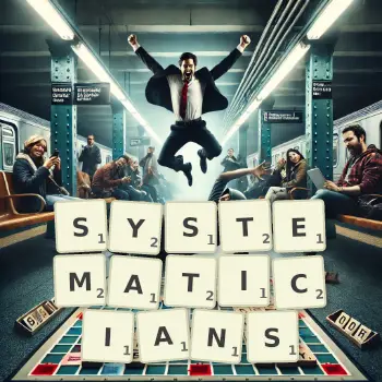 Creative illustration for a Scrabble game with the word SYSTEMATICIANS spelled out in tiles on the board.