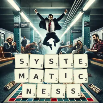 Creative illustration for a Scrabble game with the word SYSTEMATICNESS spelled out in tiles on the board.