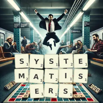 Creative illustration for a Scrabble game with the word SYSTEMATISERS spelled out in tiles on the board.