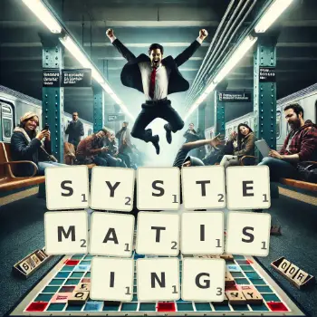 Creative illustration for a Scrabble game with the word SYSTEMATISING spelled out in tiles on the board.