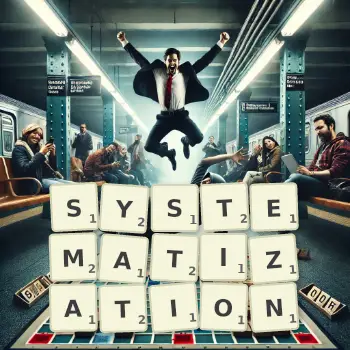 Creative illustration for a Scrabble game with the word SYSTEMATIZATION spelled out in tiles on the board.