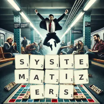 Creative illustration for a Scrabble game with the word SYSTEMATIZERS spelled out in tiles on the board.